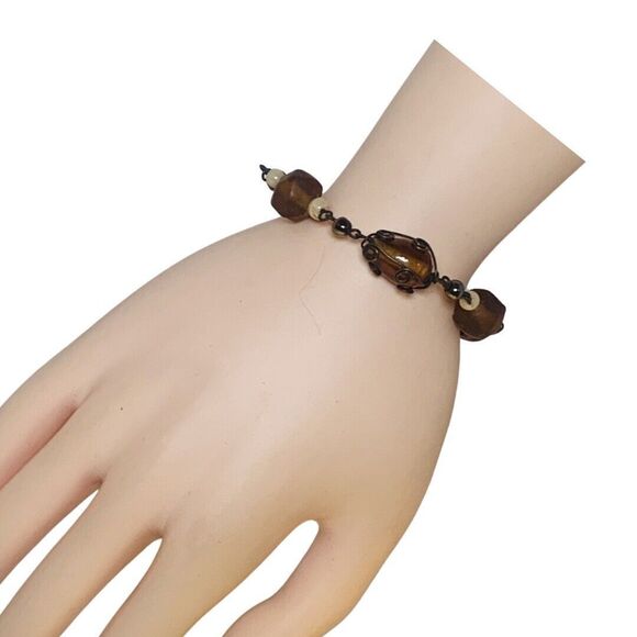 Brown Glass Beaded Bracelet 5.25” Wrapped Wire Copper Bohemian - Picture 9 of 11